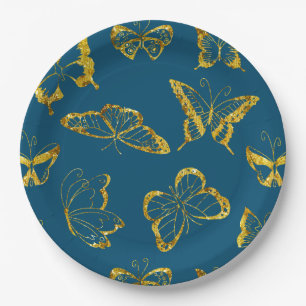Elegant Teal Blue Gold Butterflies Birthday Paper Plate