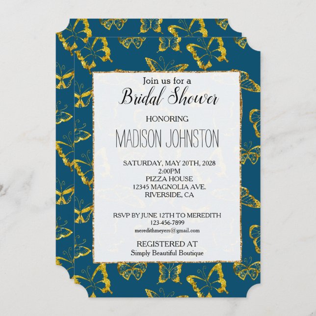 Elegant Teal Blue Gold Butterflies Bridal Shower Invitation (Front/Back)