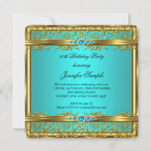 Elegant Teal Blue Gold Damask Diamond Birthday Invitation