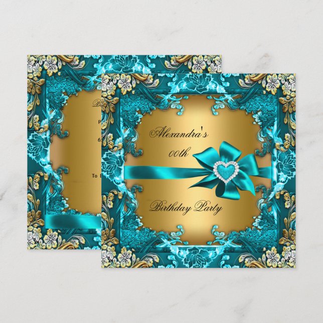 Elegant Teal Blue Gold Floral Birthday Party Invitation (Front/Back)