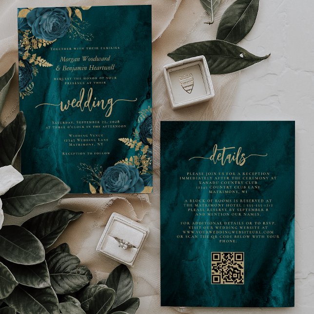 Elegant Teal Blue Gold Floral QR Code Wedding Invitation (Creator Uploaded)