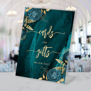 Elegant Teal Blue Gold Floral Wedding Cards Gifts Pedestal Sign