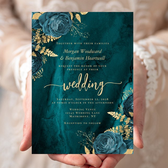 Elegant Teal Blue Gold Floral Wedding Invitation (Creator Uploaded)
