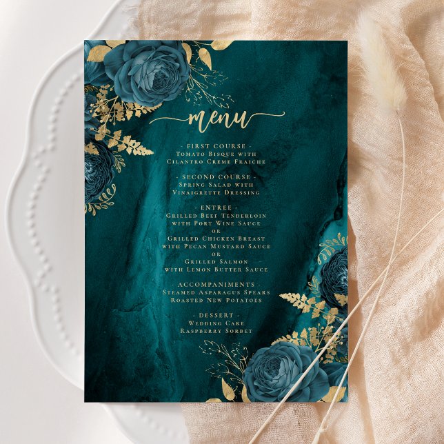 Elegant Teal Blue Gold Floral Wedding Menu (Creator Uploaded)