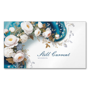 Elegant Teal Blue Gold Silver Floral Peony Magnetic Business Card