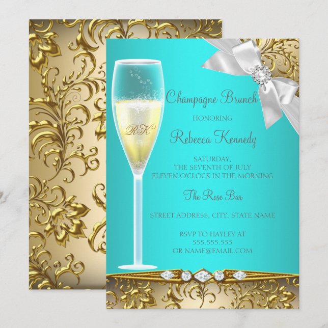 Elegant Teal Blue Gold White Champagne Brunch Invitation (Front/Back)