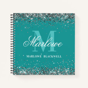 Elegant Teal Blue Green Monogram Silver Glitter Notebook