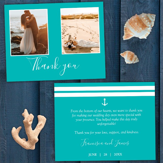 Elegant Teal Blue Nautical Anchor Wedding Photo Thank You Card (Front and Back)