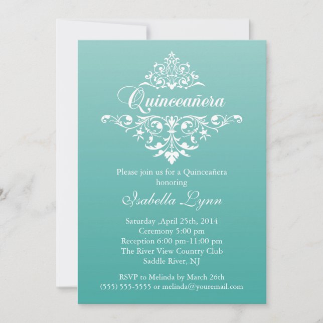 Elegant Teal Blue Ombre Quinceañera Party Invitation (Front)