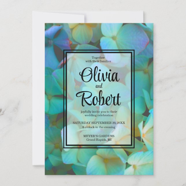 Elegant Teal blue pink hydrangeas flowers Wedding Invitation (Front)