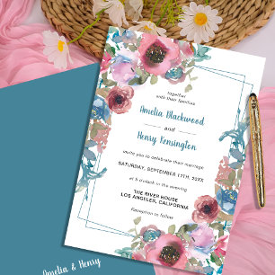 Elegant Teal Blue & Pink Watercolor Floral Wedding Invitation