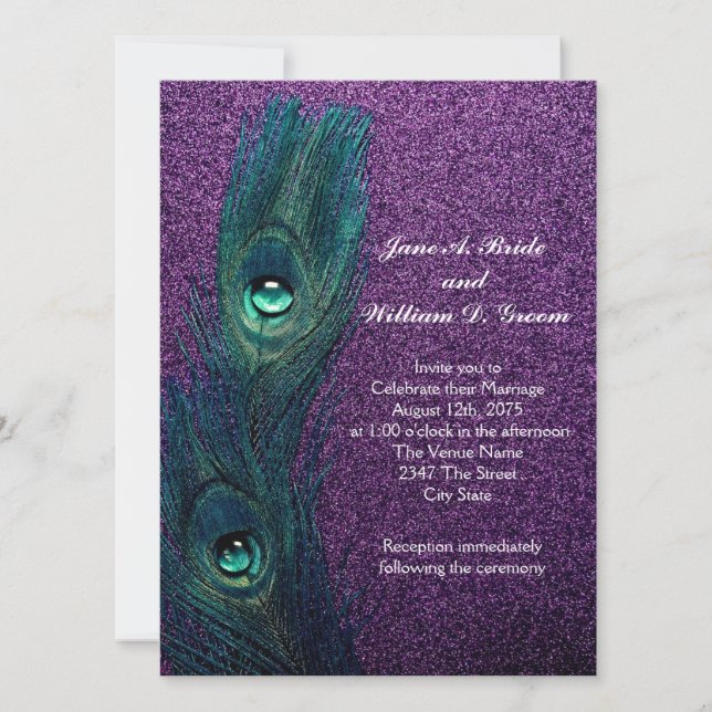 Elegant Teal Blue Purple Peacock Wedding Invitation (Front)