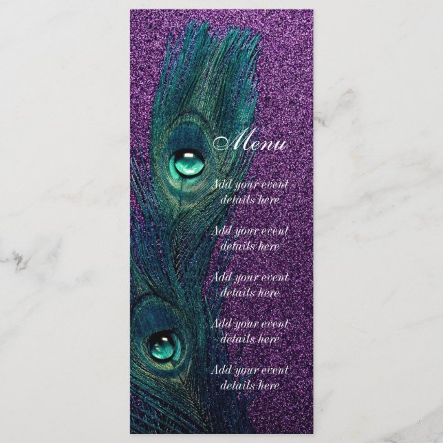 Elegant Teal Blue Purple Peacock Wedding Menu (Front)