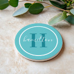 Elegant Teal Blue Round Monogram Script Coaster<br><div class="desc">An elegant sandstone coaster featuring a teal serif initial and custom family name in script, framed by a white circle on a vibrant aqua background. The fresh, coastal-inspired palette brings bright energy to any tabletop. A cheerful personalised gift for housewarmings, beach lovers, or summer entertaining. All text is fully customisable....</div>