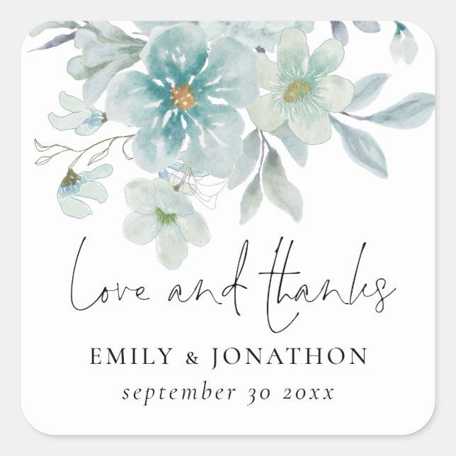 Elegant Teal Blue Sea Mist Floral Love and Thanks  Square Sticker (Front)