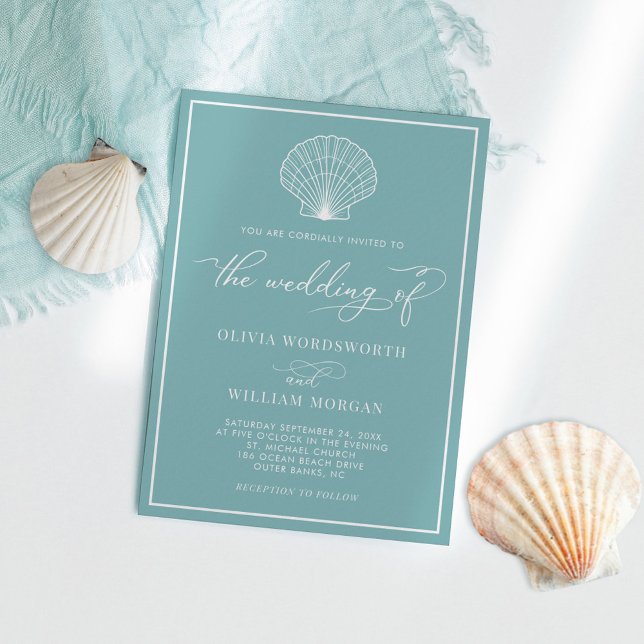Elegant Teal Blue Seashell Beach Wedding Invitation (Creator Uploaded)