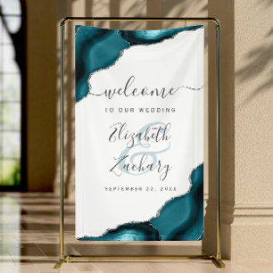 Elegant Teal Blue Silver Agate Wedding Welcome Banner