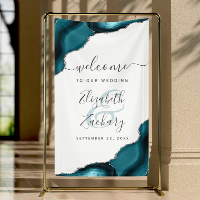 Elegant Teal Blue Silver Agate Wedding Welcome Banner (Creator Uploaded)