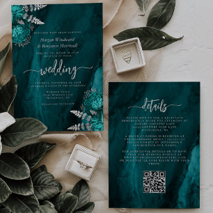 Elegant Teal Blue Silver Floral QR Code Wedding Invitation
