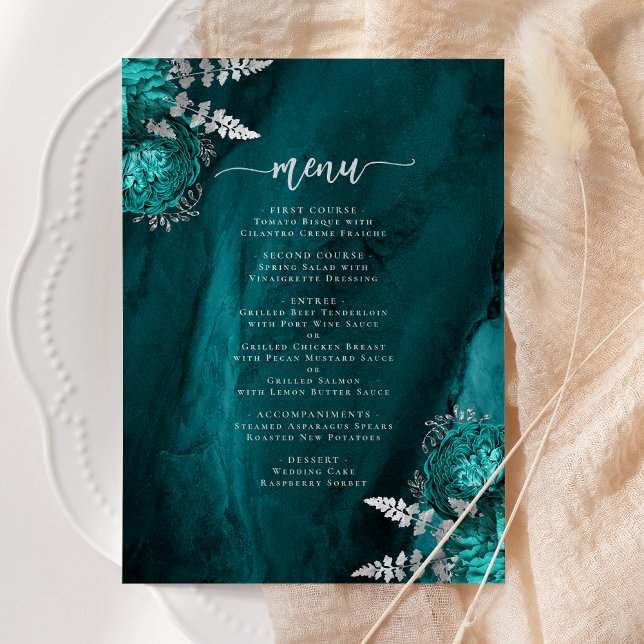 Elegant Teal Blue Silver Floral Wedding Invitation (Creator Uploaded)