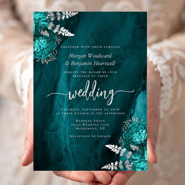 Elegant Teal Blue Silver Floral Wedding Invitation (Creator Uploaded)