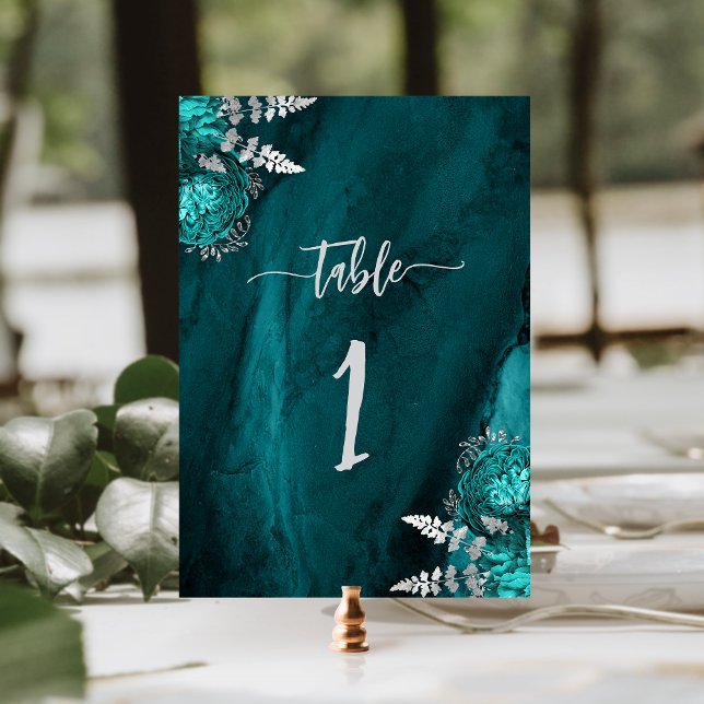 Elegant Teal Blue Silver Floral Wedding Table Number (Creator Uploaded)