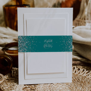 Elegant Teal Blue Silver Glitter Wedding Invitation Belly Band