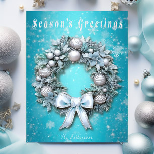 Elegant Teal Blue & Silver Wreath Christmas  Holiday Card