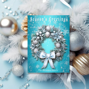 Elegant Teal Blue & Silver Wreath Christmas Holiday Postcard