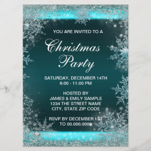 Elegant Teal Blue Snowflake Christmas Party Invitation