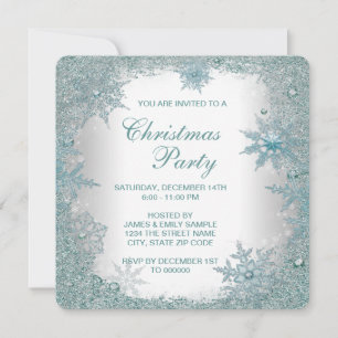 Elegant Teal Blue Snowflake Christmas Party Invitation