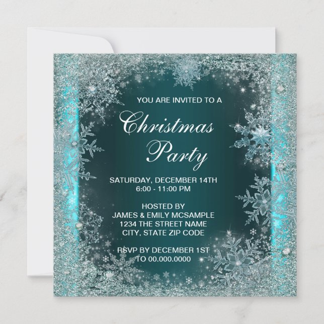 Elegant Teal Blue Snowflake Christmas Party Invitation (Front)