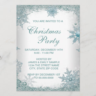 Elegant Teal Blue Snowflake Christmas Party Invitation