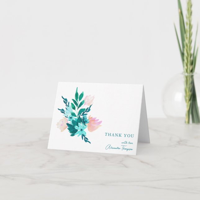 Elegant Teal Blue Watercolor Floral Bridal Shower Thank You Card (Front)