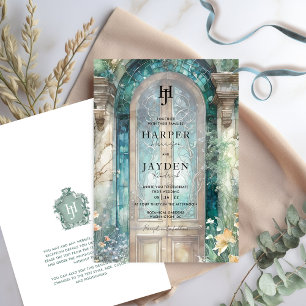 Elegant Teal Blue Watercolor Wedding Monogram Invitation