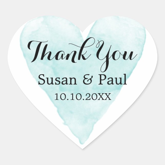 Elegant teal blue watercolor wedding thank you heart sticker (Front)