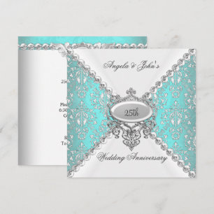 Elegant Teal Blue White 25th Wedding Anniversary Invitation