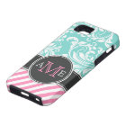 Elegant Teal Blue & white floral damask & stripes