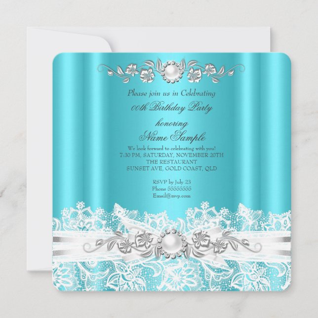 Elegant Teal Blue White Lace Jewel Bow Birthday 2 Invitation (Front)
