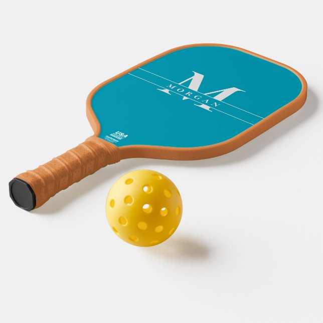 Elegant Teal Blue White Monogram Name personalized Pickleball Paddle (Laydown 2)