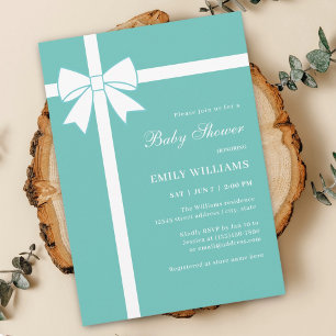 Elegant Teal Blue & White Ribbon Bow Baby Shower Invitation