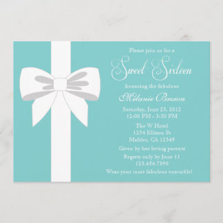 Elegant Teal Blue White Ribbon Sweet Sixteen Invitation