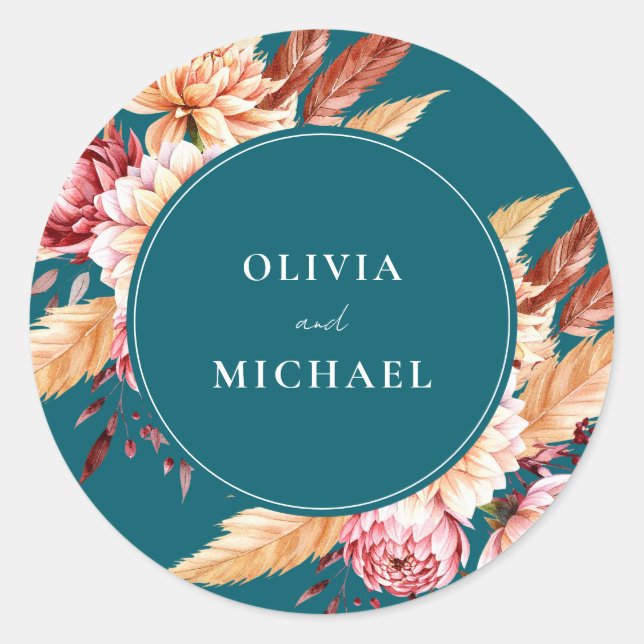 Elegant Teal Boho Chic Floral Wedding Classic Round Sticker (Front)