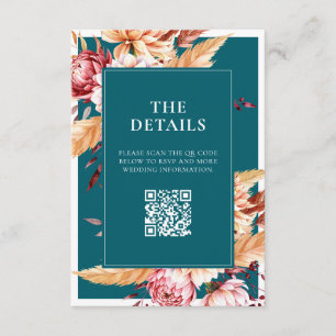 Elegant Teal Boho Chic Floral Wedding Enclosure Card