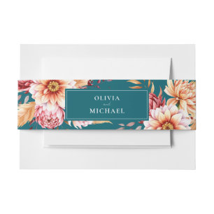 Elegant Teal Boho Chic Floral Wedding Invitation Belly Band