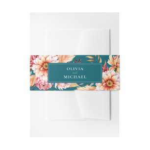 Elegant Teal Boho Chic Floral Wedding Invitation Belly Band