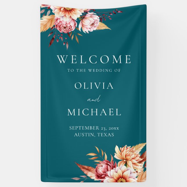 Elegant Teal Boho Chic Floral Wedding Welcome Banner (Vertical)