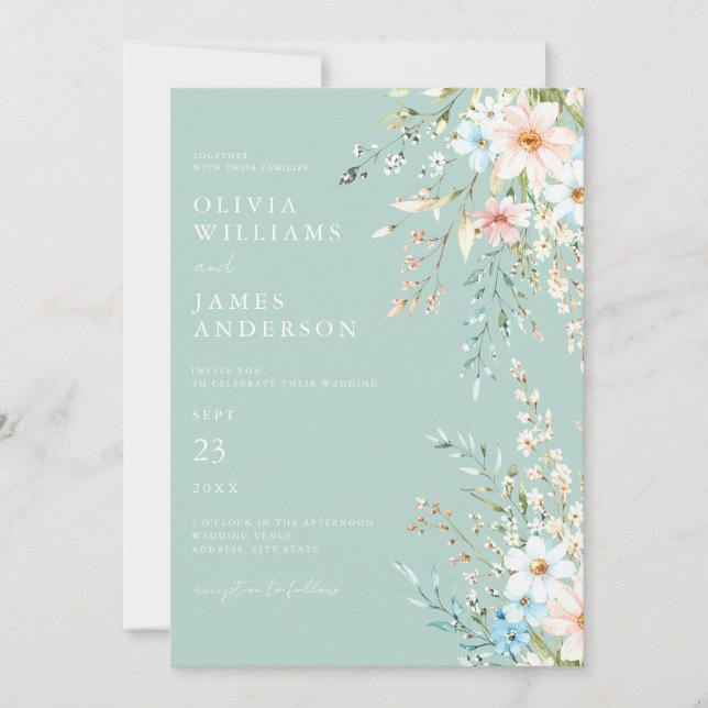 Elegant Teal Boho Chic Wildflower Floral Wedding  Invitation (Front)