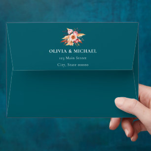 Elegant Teal Boho Floral Wedding Return Address Envelope
