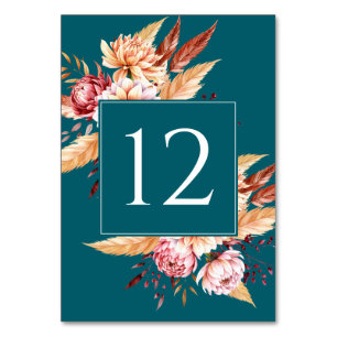 Elegant Teal Boho Floral Wedding Table Number